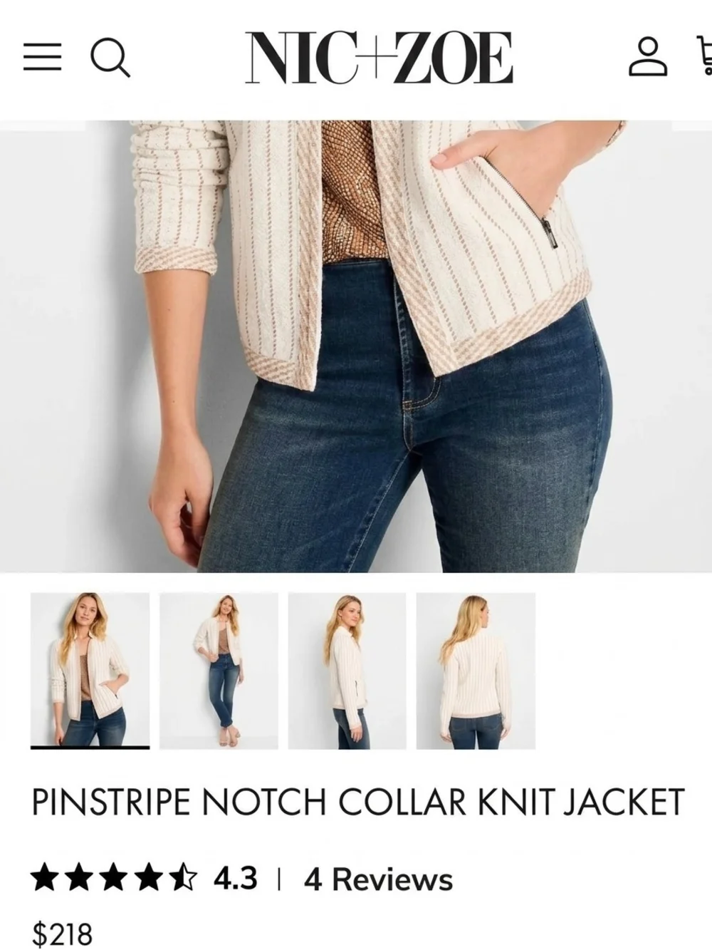 NIC+ZOE Cream Pinstripe Knit Zip Jacket